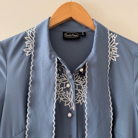 Voodoo Vixen Bluebell Blue Midi Dress with White Embroidery - Picture 3 of 9